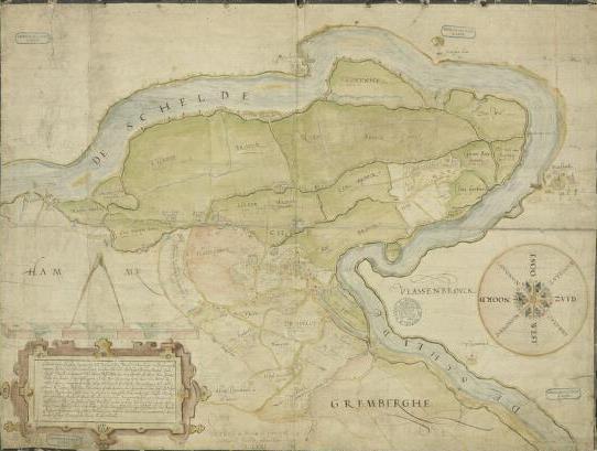 2. Figuratieve kaart van Moerzeke Aanmaakdatum: 1571 Kaerte of descriptie figurative van de prochie van Moesche, int landt van Dendermonde, metter