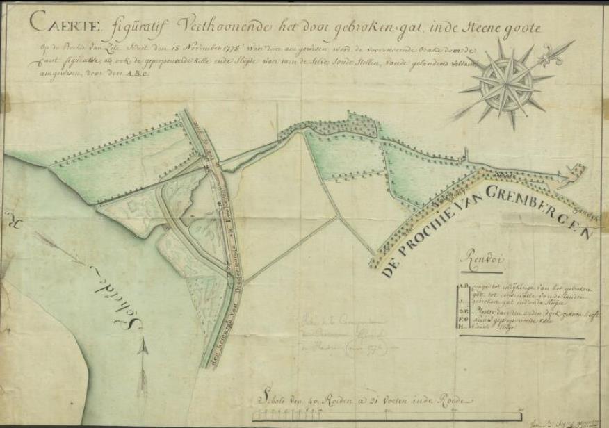 7. Kaart van de doorbraak van de dijk steene goote in Zele Aanmaakdatum: 1776 Kaart van de doorbraak van de dijk