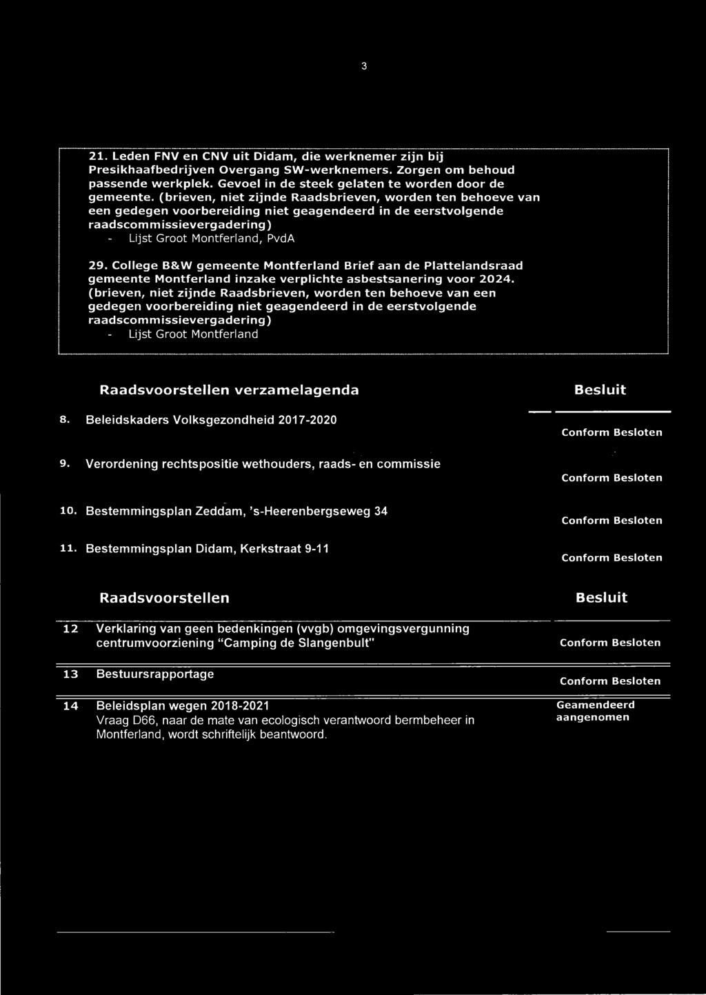 raadscommissievergadering) Lijst Groot Montferland, PvdA 29. College B&W gemeente Montferland Brief aan de Plattelandsraad gemeente Montferland inzake verplichte asbestsanering voor 2024.