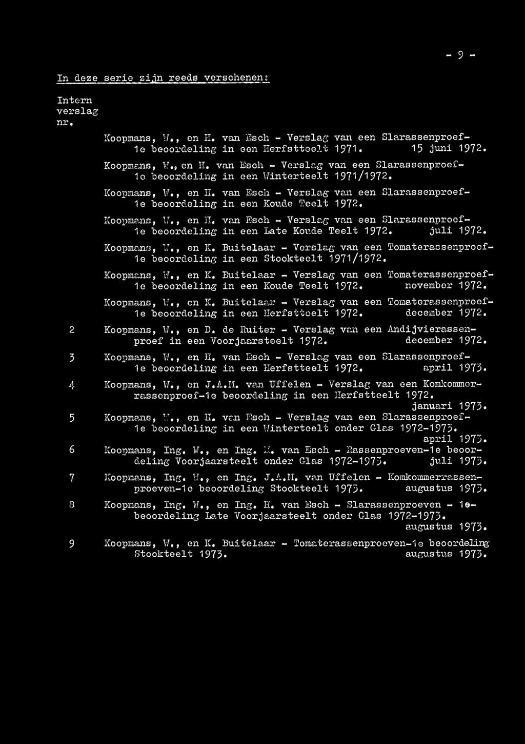 november 1972. Koopmans,., en X. Buitelaar - Verslag van een Tomaterassenproef- 1e beoordeling in een Herfstteelt 1972. december 1972. 2 Koopmans,., en D.