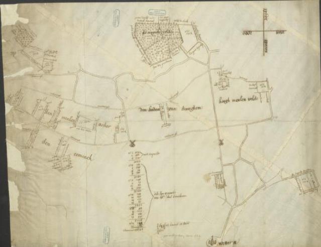 3. Figuratieve kaart van landgoederen in Wetteren Aanmaakdatum: 1734 Figurative kaert van verscheydene partyen land gelegen ontrent den Couter weg
