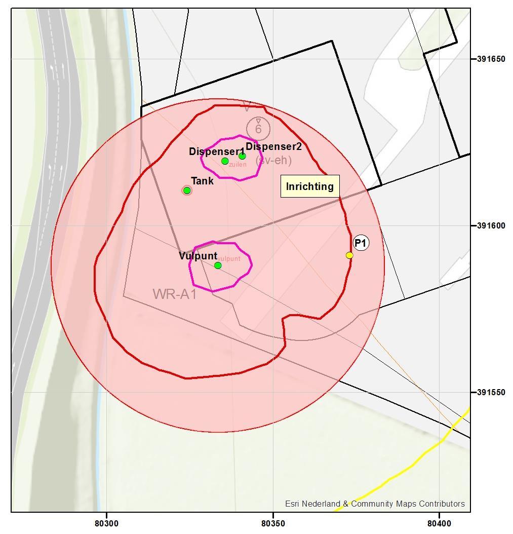 Figuur 5. Ministerie I&M interim beleid LNG-tankstations (roze gebied rond het vulpunt met een straal van 50 m) en de grenswaarde van het plaatsgebonden risico (rode contour) 5.