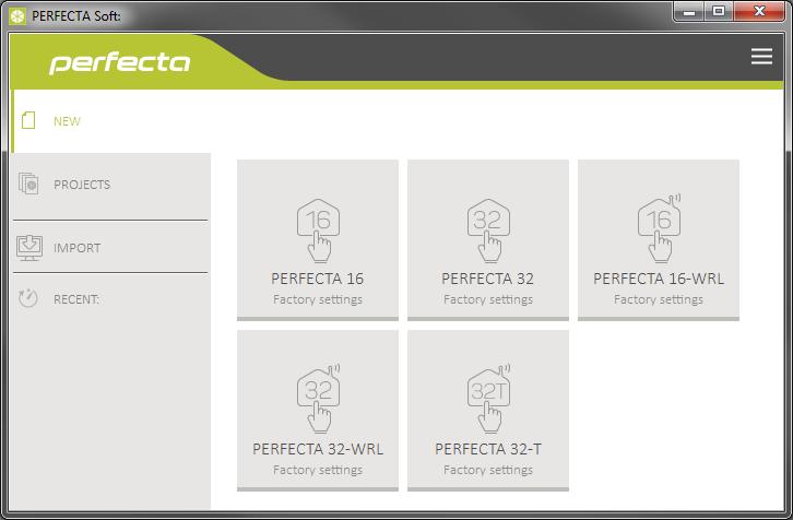 8 PERFECTA SATEL Fig. 1. PERFECTA SOFT scherm nadat het programma voor de eerste keer wordt opgestart. 3.1.1 Menubalk in het PERFECTA SOFT programma De menubalk wordt bovenin het scherm van het programma weergegeven.