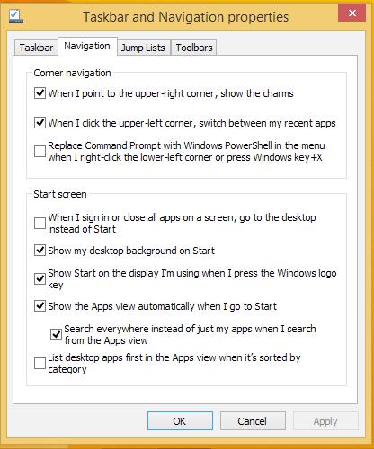 Uw Startscherm aanpassen Met Windows 8.1 kunt u uw Start-scherm ook aanpassen zodat u direct kunt opstarten in de bureaubladmodus en de schikking van uw apps op het scherm aanpassen.