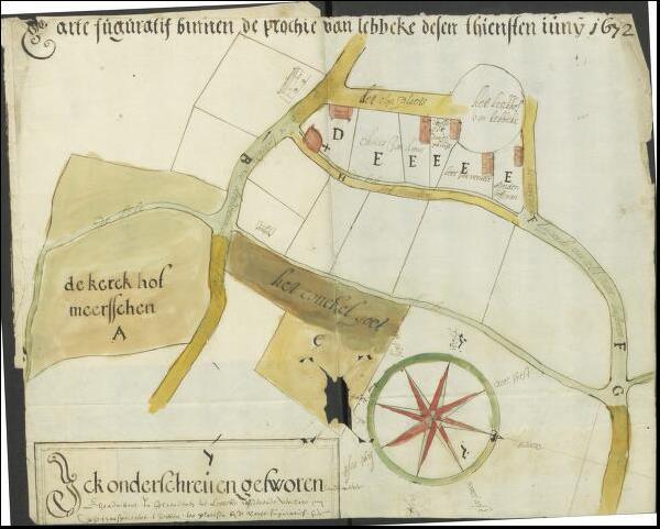 Kaart van een deel van Lebbeke Aanmaakdatum: 1672 Kaart van een deel van Lebbeke, opgemaakt door G. Persijn. Deze kaart hoorde bij procedurestukken uit de periode 1669-1700. Afmetingen: 30 x 58 cm 6.