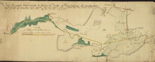 Figuratieve kaart van een deel van de loop van de Dender, vanaf Aalst tot aan Denderbelle Aanmaakdatum: 1769 Figuratieve kaart van een deel van de loop van de Dender, vanaf Aalst tot aan Denderbelle