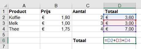 Formules Een formule is een berekening die jij zelf maakt in Excel. Een formule begint met het isgelijkteken en bevat celverwijzingen. Figuur 7.