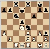 0-0, 0-0 9. dxc5, Lxc5 10. Pa4, Le7 11. Le3, Lg4 12. Tc1, Te8 13. a3!? Vaker wordt hier 13. Pc5 of 13. lc5 gespeeld. 13, Dd7 14. Te1, Tac8 15. Pc5, Lxc5 16. Lxc5, Lh3 17. Lh1, Pe4 18. Le3, f6 19.