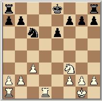 Pb3, Ld6 12. Lg5, Pe4 13. h3, Ld7 met goed spel. 9. e4, Dc7 10. De2, dxe4 11. Pxe4, Pxe4 12. Lxe4, Pe7!? 13. Le3, Lxe3 14. Dxe3, Lc6 15. Tfd1, Lxe4 16. Dxe4, Dc6 17.