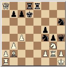 24. Dxa7, Pf4 26. Td1+ Een prachtig spel heeft wit na 26. Da5!, Pxg2 27. Td1+, Ke6 28. De5+, Kf7 29. Dg7+, Ke6 30. Dg6+, Ke7 31. La3+, Td6 32. Lxd6+, cxd6 33. Dg7+, Ke6 34. Kxg2, Te7 35. Te1+, Kd7 36.