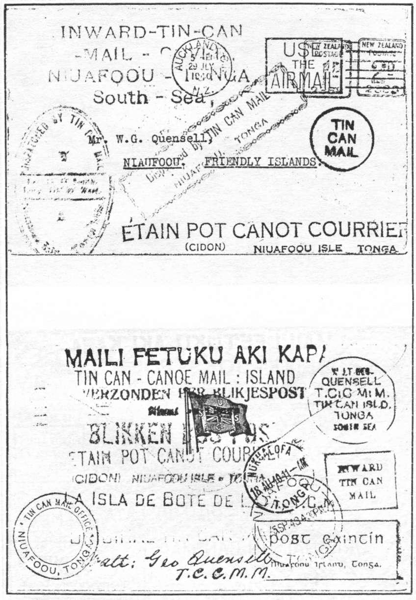 Voorzijde vertrekstempel 29 juli 1940 en verschillende stempels inzake Tin Can
