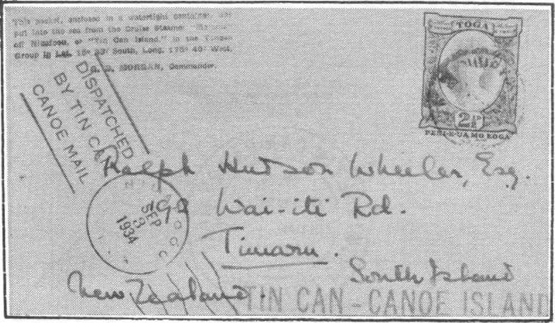 Brief "Dispatched by Tin Can Canoe Mail" op 13 aug. 1934.