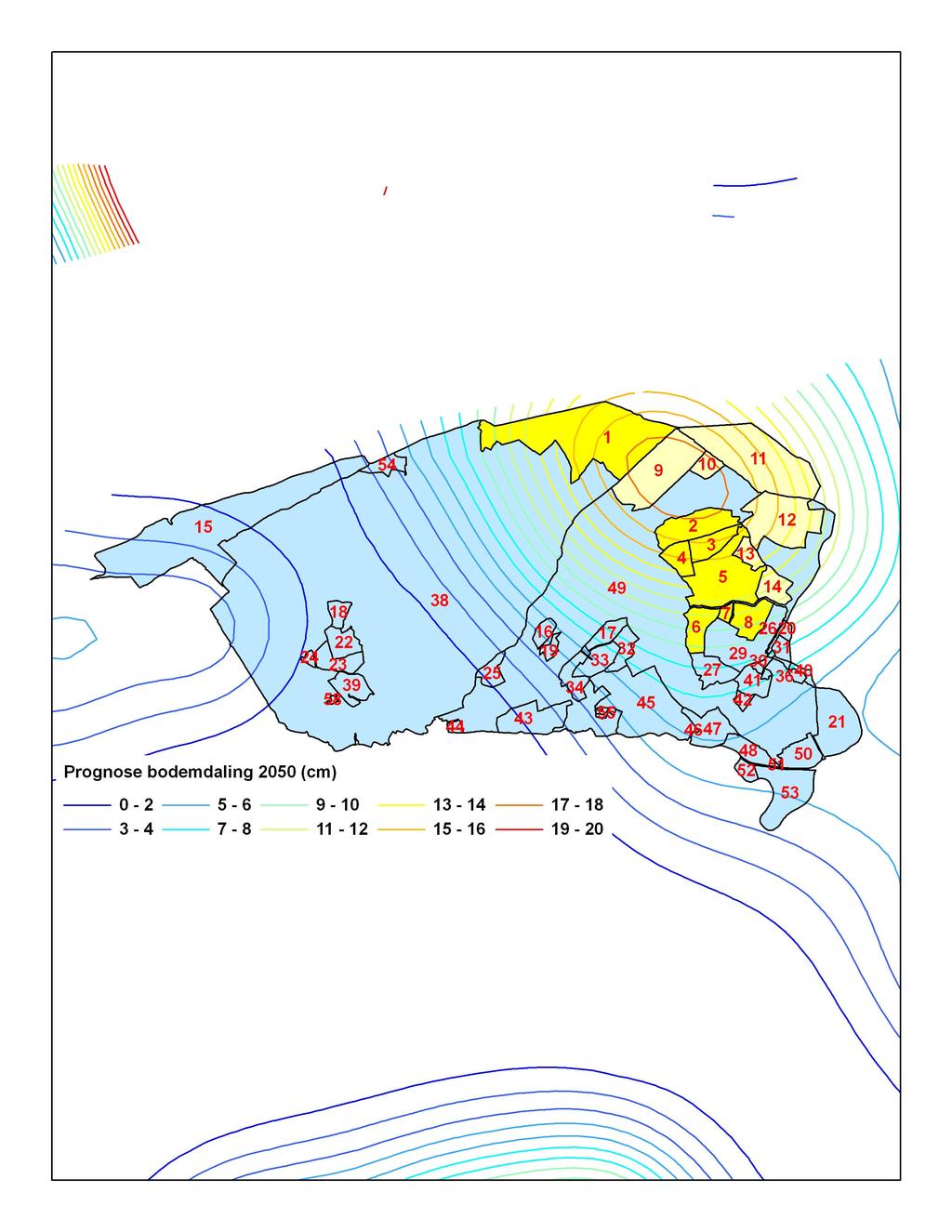 TNO-rapport 7 / 43 Figuur 3 Overzicht van de peilgebieden in Dongeradeel en de bodemdalingsprognose voor 2050 2.