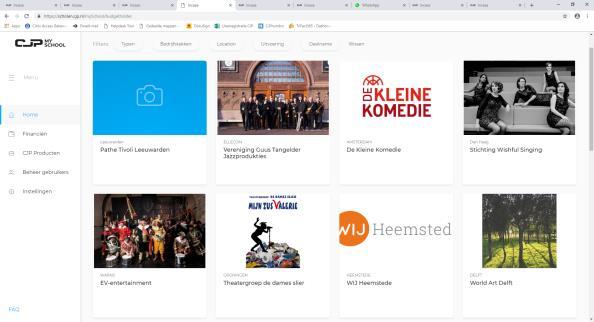 2. FUNCTIONALITEITEN BUDGETHOUDER 2.1 Quick Het CJP School Portal menu HOME Hierin is direct het culturele aanbod van alle aanbieders te zien.