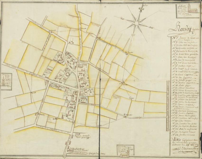 Aanmaakdatum: 1772 Kaart van de wijk Heykant tussen Lokeren, Zele en Overmere, met de verschillende