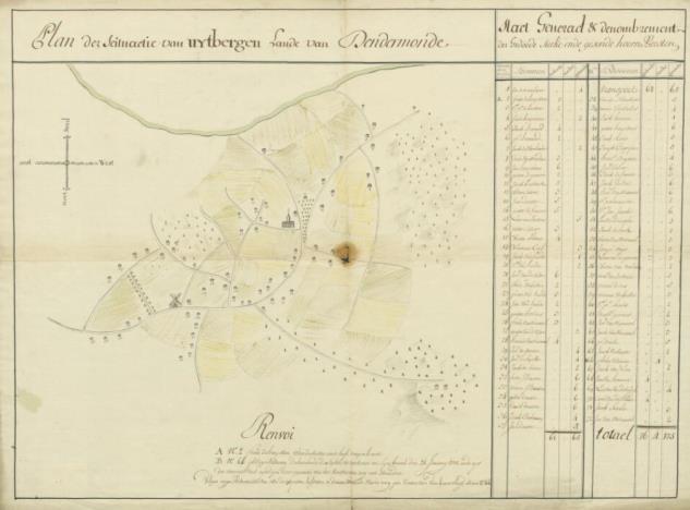 Kaart van Uitbergen, met een staat van de gestorven, de zieke en de gezonde hoornbeesten