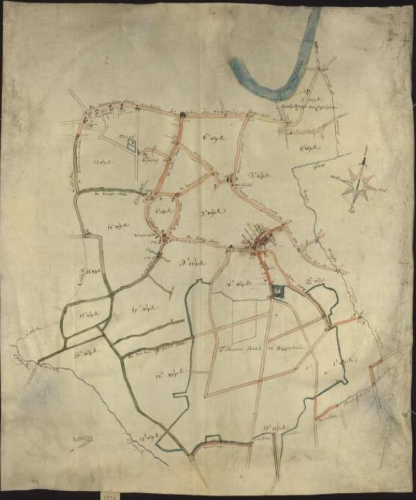 Figuratieve kaart van secties 1 tot 17 van Buggenhout Aanmaakdatum: 1765 Carte figurative sur vélin, des sections 1 à 17, du village de