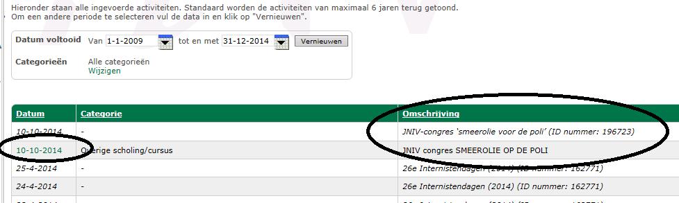 toevoegen aan je portfolio: Klik op Toevoegen, vul in het volgende scherm de datum in van de cursus / het congres, vul bij de omschrijving de titel van de cursus / het