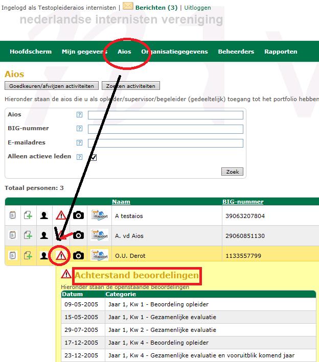 Openen portfolio Direct toevoegen activiteit Naar personalia Overzicht van nog openstaande beoordelingen Foto (indien toegevoegd door AIOS) Rapport met samenvatting van de voortgang grafisch