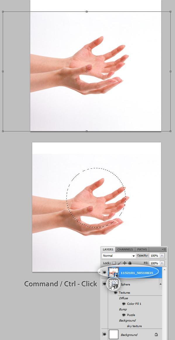 Stap 15 Cirkel selectie Laagdekking laag "Handen" weer op 100%, zetten, Ctrl + klik op 3D