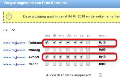 Selecteer de momenten van zorg Vervolgens is te selecteren op welke momenten de zorg geleverd wordt. Dit is te doen door per dag en per dagdeel een vinkje te zetten.