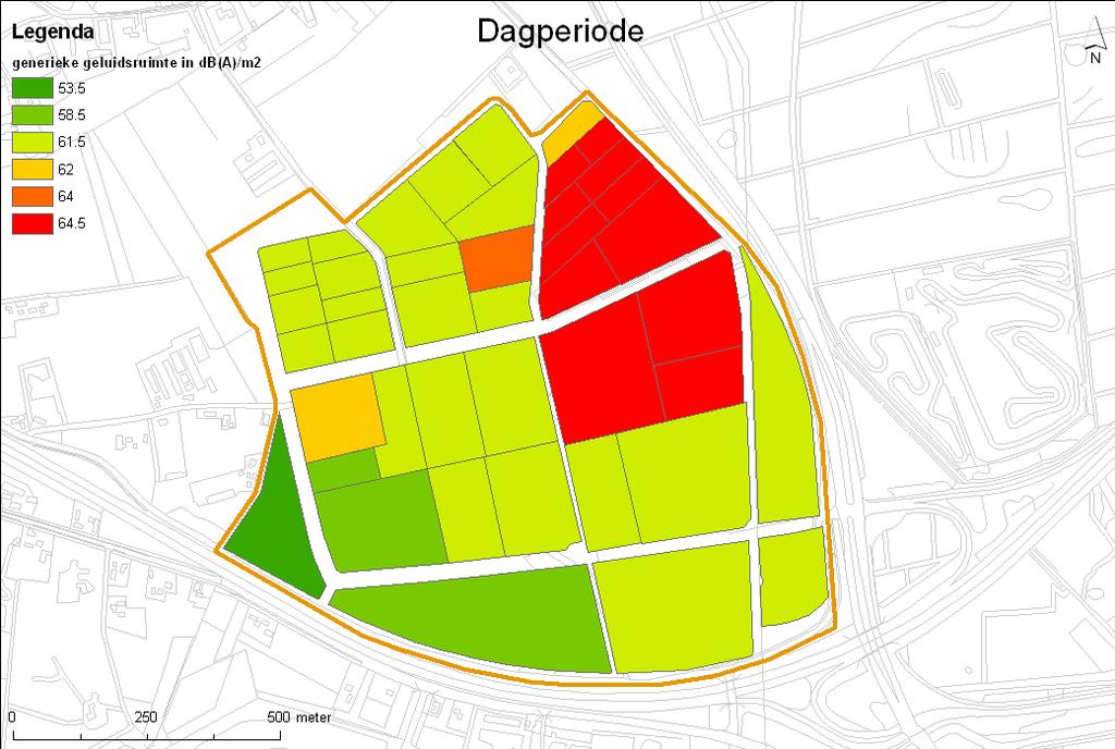 Figuur 3: Verkavelingskaart dagperiode De geluidsemissie is de maat voor de hoeveelheid geluid die op een bepaald moment wordt geproduceerd.