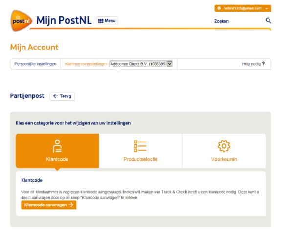 U kunt de klantcode aanmaken via de homepage van Mijn PostNL bij Instellingen onder het blokje Partijenpost : Als u al eerder een klantcode voor