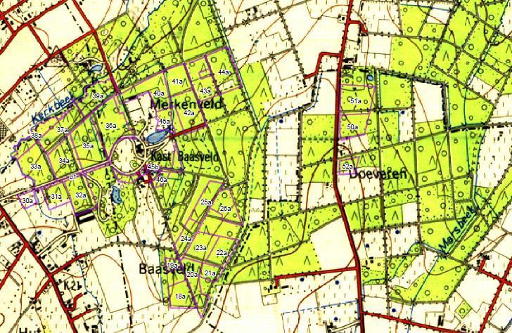 Figuur 2.7: NGI 1960 met de bestanden plangebied (paars). De topografische kaart van 1960 komt binnen het plangebied qua bosareaal grotendeels overeen met de huidige toestand.