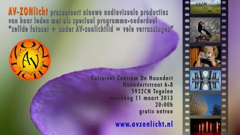 exposities A.V. Zonlicht audiovisuele show AV ZON Licht clubpresentatie. Op 11 maart houdt AV ZON Licht haar tweejaarlijkse Audio Visuele presentatie.