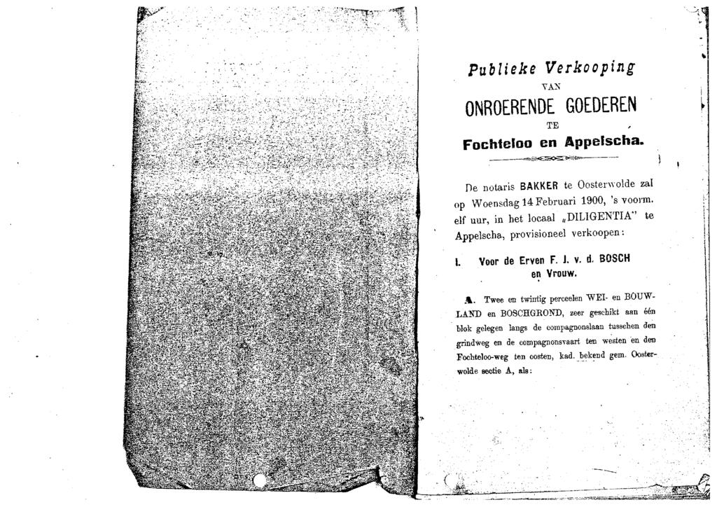 Publieke Verkooping VAN ONROERENDE GOEDEREN TE Fochl&flO en Appelscha. De notaris BAKKER te OosterwoHe zal op Woensdag 14 Februari 1900, 's voorm.