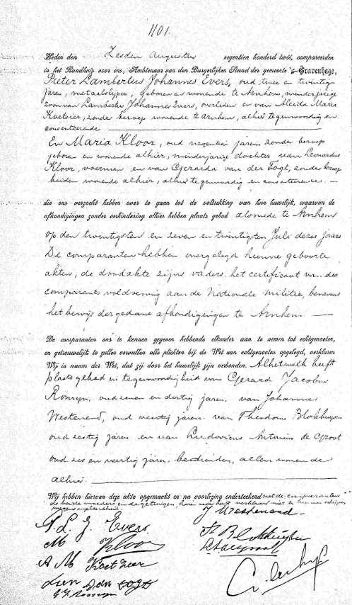 III. Maria KLOOR, geb. Den Haag 6-11-1882, ged.(rk) Den Haag, overl./begr. Den Haag 20/24-9-1943; ondertr./tr. Den Haag 27-7/6-8-1902 met Pieter Lambertus Johannes EVERS, geb.