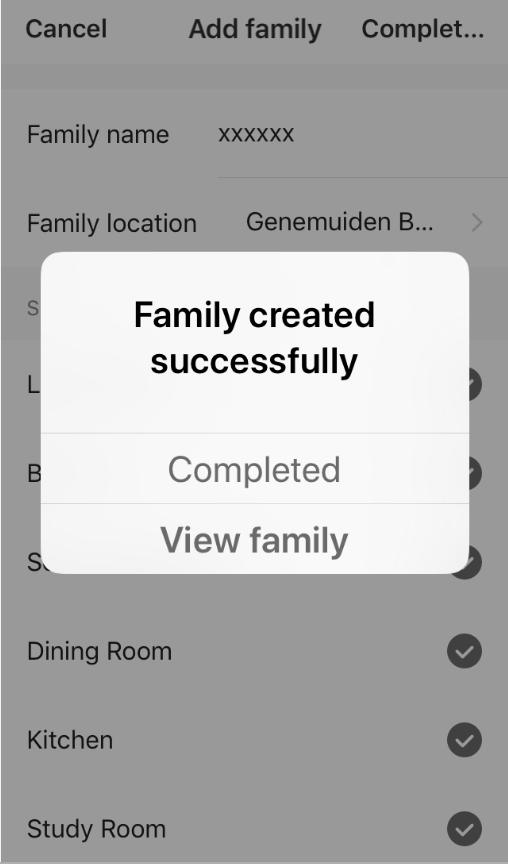 5. Vul Home naam en familie locatie in, selecteer in welke ruimtes SMART apparaten gebruikt worden, kies beëindigd rechtsboven in het scherm.