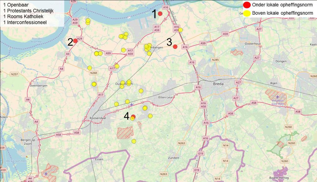 In de kaart hiernaast zijn de scholen rood gekleurd die onder de gemeentelijke opheffingsnorm vallen in 2025.