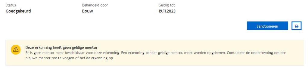 Je komt terug op de detailpagina van de vestiging bij het deel van de mentor. Je ziet dat de mentor nog wel actief is maar niet meer voldoet. De beslissing gaat onmiddellijk in.