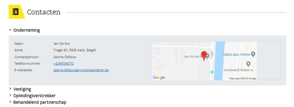 Bij contacten vind je de contactgegevens van de onderneming, vestiging,