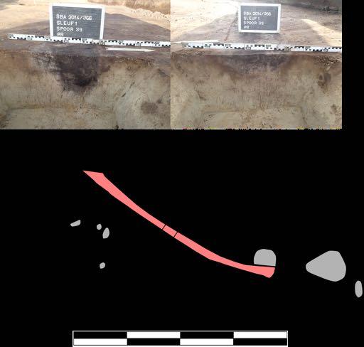 HetarcheologischvooronderzoekaandeVeldenstraatteRetie Fig.3.13:HetprofielvangebogengreppelS39metdeingebeddepaalkuil(fotolinks). 3.2.