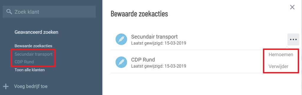 Wanneer meerdere geavanceerde zoekopdrachten zijn opgeslagen, worden deze automatisch weergegeven in het