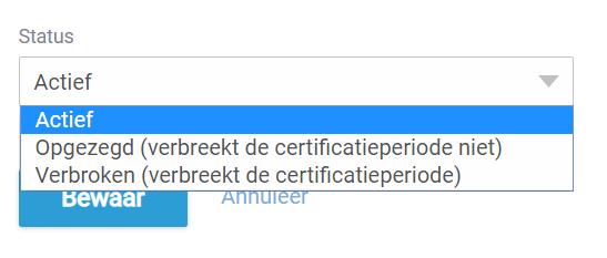 Registratie opzeggen: Wenst u een registratie stop te zetten met effect bij afloop van het certificaat, dan moet u in het veld status op opgezegd klikken.