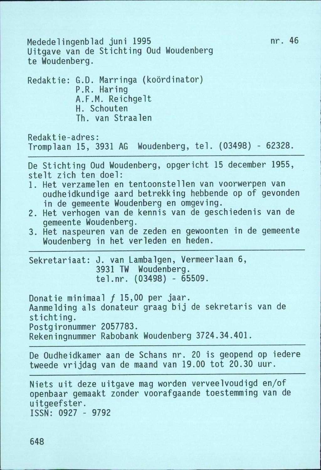 Mededelingenblad juni 1995 nr. 46 Uitgave van de Stichting Oud Woudenberg te Woudenberg. Redaktie: G.D. Marringa (koördinator) P.R. Haring A.F.M. Reichgelt H. Schouten Th.