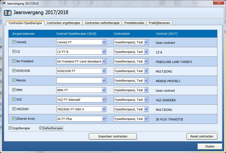 CONTRACTEN FYSIOTHERAPIE In de tabblad <Contracten fysiotherapie> kunnen de contracten van de fysiotherapie geïmporteerd worden per zorgverzekeraargroep.