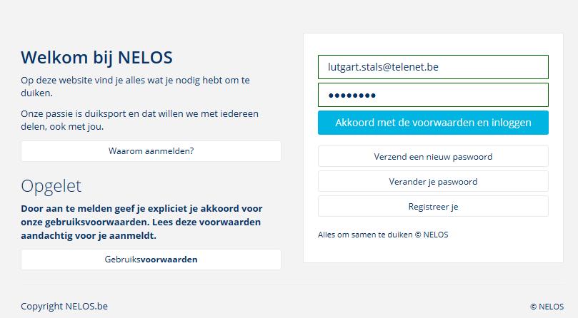 3 Aanmelden op de NELOS-website Log in op de NELOS-website via WWW.NELOS.BE en klik op knop LOG-IN. Je komt dan op onderstaand login scherm. Geef je e-mailadres in en je paswoord.