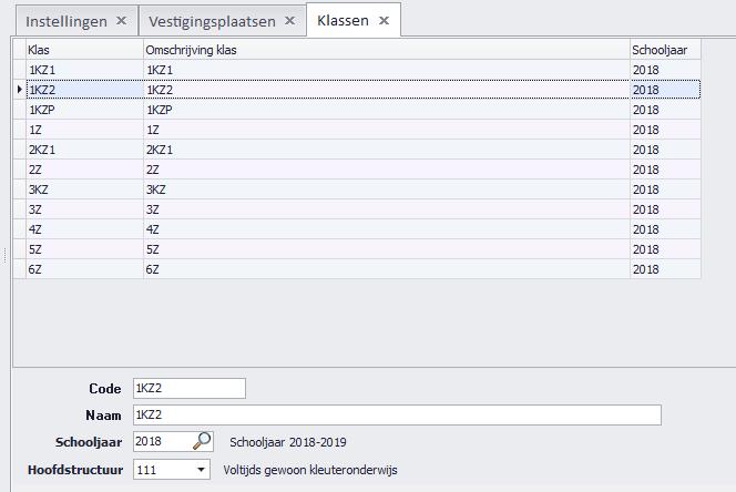 Afbeelding 1 Aanduiden hoofdstructuur bij Constanten -> Instellingen -> Vestigingsplaatsen -> Klassen.