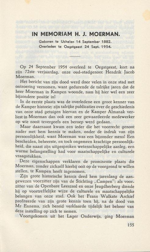 IN MEMORIAM H. J. MOERMAN. Geboren te Uchelen 14 September 1882. Overleden te Oegstgeest 24 Sept. 1954.