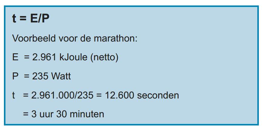 De kunst is natuurlijk om de getalswaarden voor E en P te weten. Daarna is het sommetje eenvoudig te maken en kun je je tijd op de marathon (of een willekeurig andere afstand) precies berekenen.