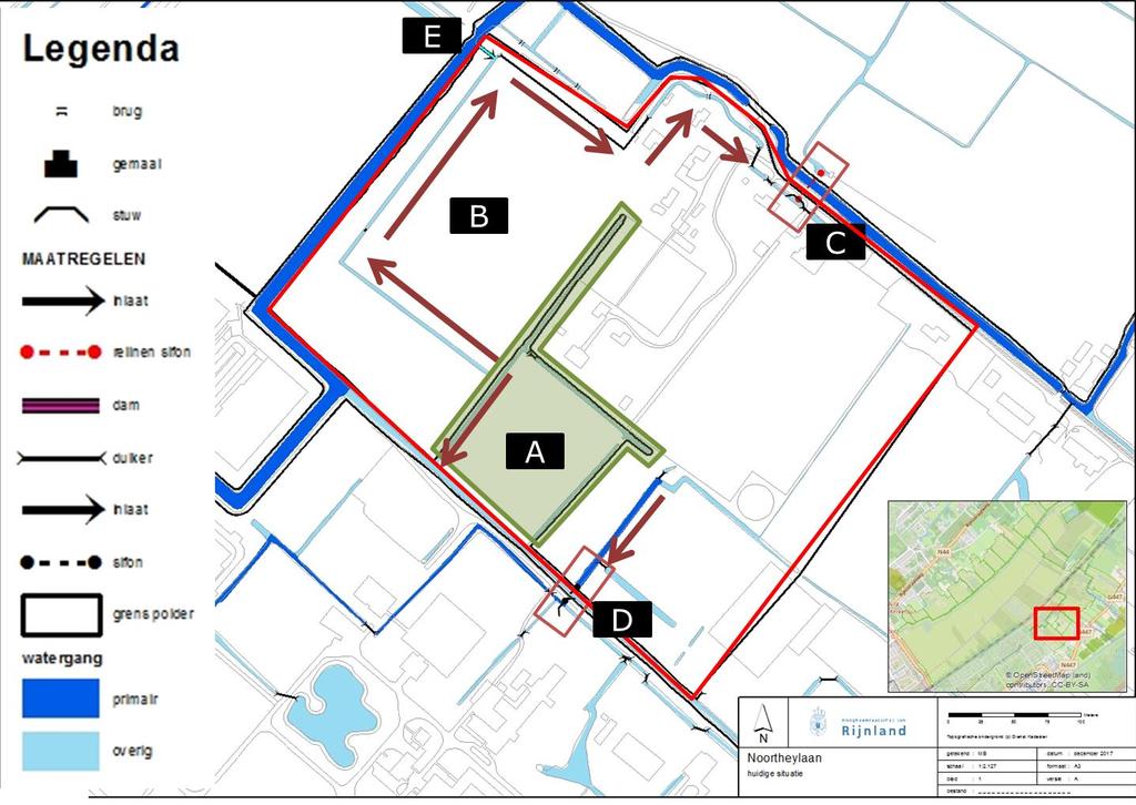 Figuur 3: Watersysteem Noortheylaan Het zuidoostelijk deel van het gebied watert door middel van de sifon (D) af richting het zuiden van de polder.