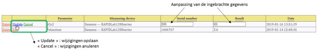 b. Aanpassing van de resultaten: - Selecteer het aan te passen resultaat en klik op de knop «EDIT» - Pas het resultaat aan en klik op de knop «UPDATE» om de aanpassingen op te slaan.