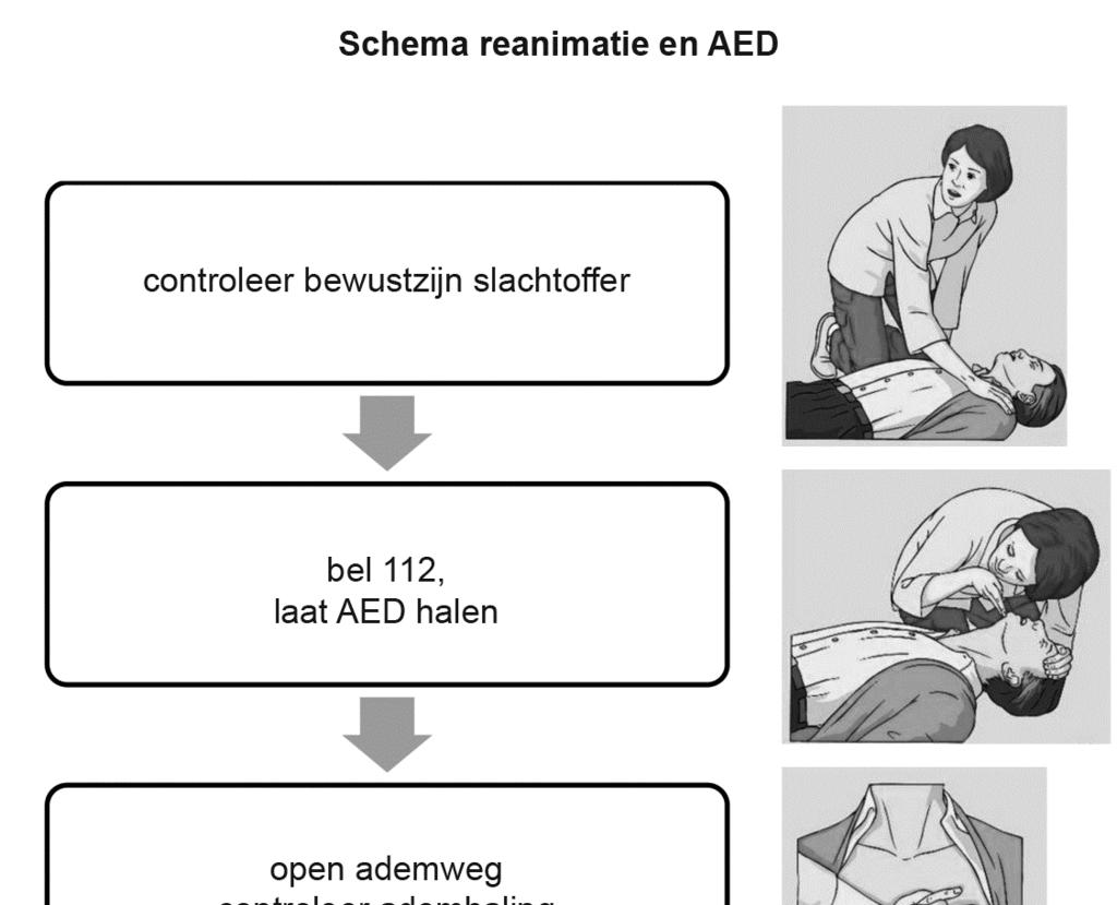 2p 45 Sanne bekijkt een poster over reanimeren en het gebruik van een AED.