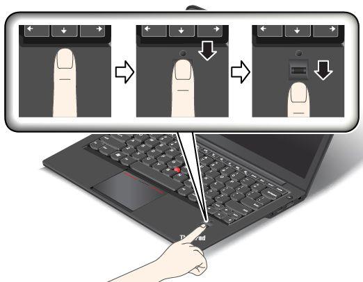 2. Haal uw vinger onder lichte druk in één beweging over de lezer. Opmerking: Mogelijk ziet het toetsenbord van uw computer er enigszins anders uit dan in de bovenstaande afbeelding wordt getoond.