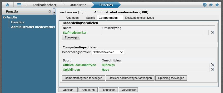 Competenties voor het overzicht Functieprofielanalyse In Onderhoud functies kunt u nu op het tabblad Competenties het competentieprofiel van de functie instellen.