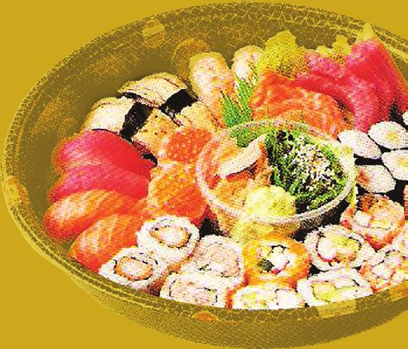 tempura roll (), 2 sake ikura, 4 sashimi zalm, 4 sashimi tonijn, 1